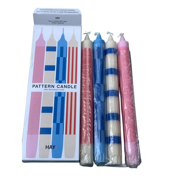 Hay Pattern Candle Set Of 4 Taper Pink Red & Blue 9.5" Tall 9-Hour Burn Time NEW - Picture 1 of 6